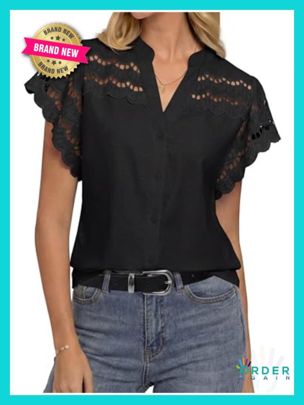 Cotton Linen Eyelet Blouse Button Down V Neck Flowy Beach Vacation Top